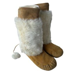 Vintage Handmade Mukluks Size 11.5 to 12 - 70s Indigenous Deer Skin Rabbit Fur